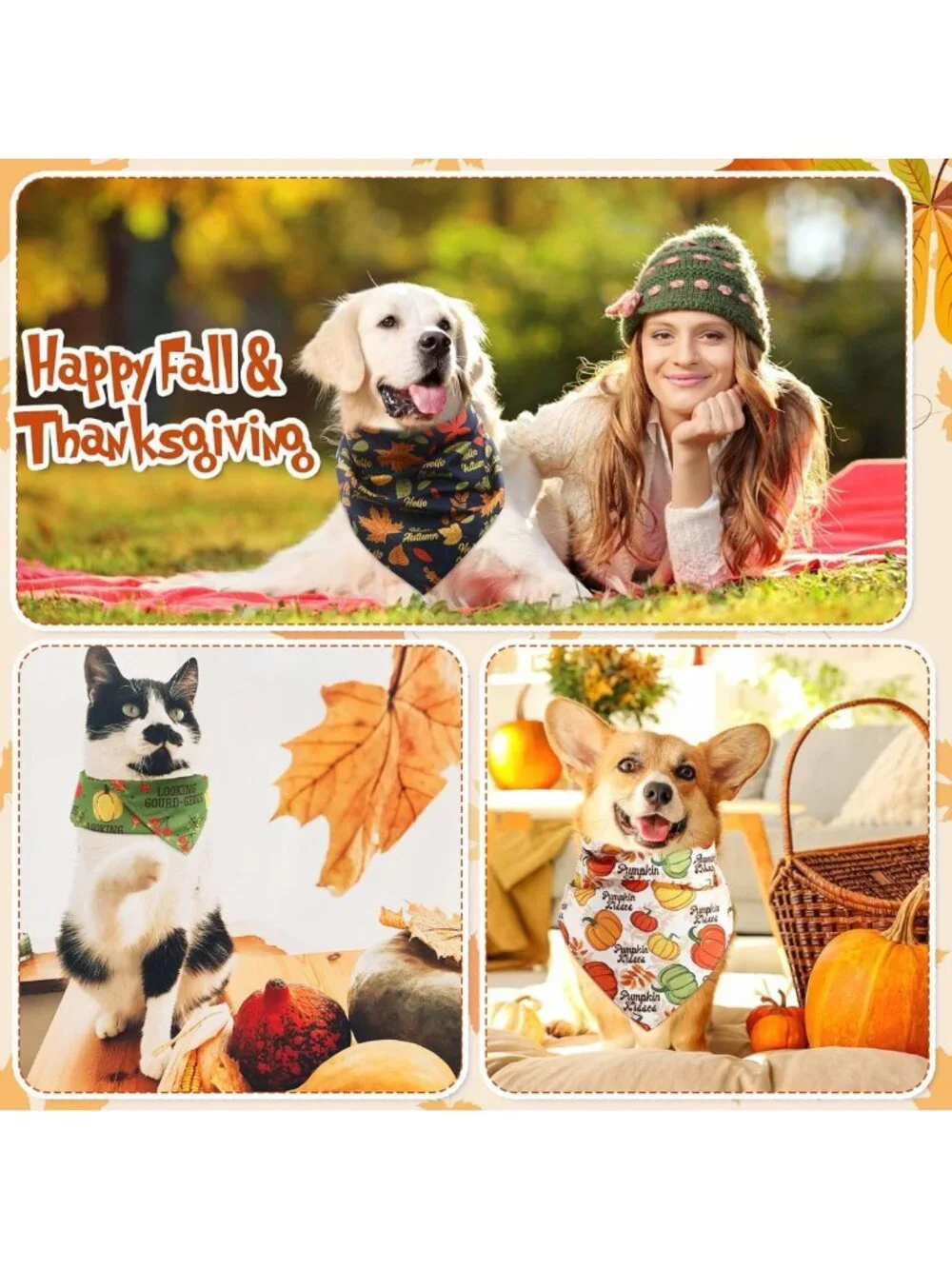 200 Pcs Fall Pumpkins Dog Bandanas | Medium Pet Scarves for Dogs & Cats